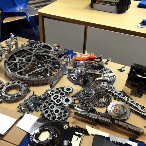 Prompt: knolling cogs and machine parts and a robotic beetle dissected