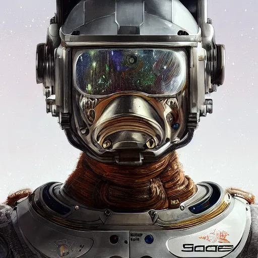 Image similar to detailed science - fiction character portrait of a grizzly bear space robot suit, intricate, wild, highly detailed, digital painting, artstation, concept art, smooth, sharp focus, illustration, art by artgerm and greg rutkowski and alphonse mucha