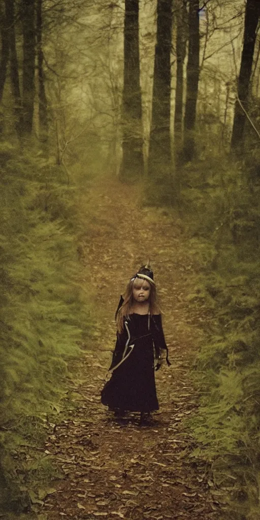 Image similar to found photo of a young witch girl with long hair walking away from the camera in a forest, magical dark and spooky, flash photography