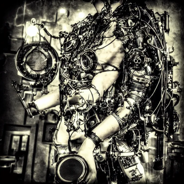 Image similar to “Steampunk Cyborg Rock Singer with 4 hands playing keyboard and drums. Minimalistic. Smooth, cinematic lighting. Fisheye lens. Old torn photograph. ”