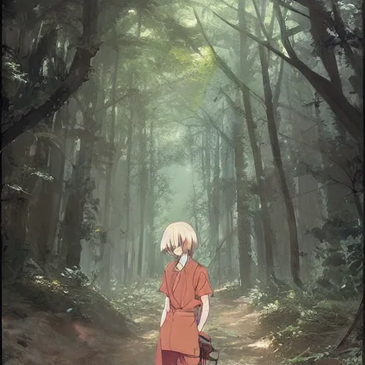 Image similar to anime character in the woods, hyperrealistic, trending on pixiv fanbox, painted by greg rutkowski makoto shinkai takashi takeuchi studio ghibli, akihiko yoshida