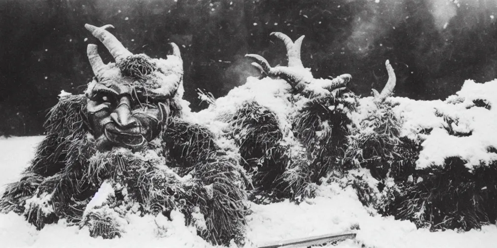 Image similar to 1 9 2 0 s photography of krampus hay monster burning on a pyre, submerged in snow