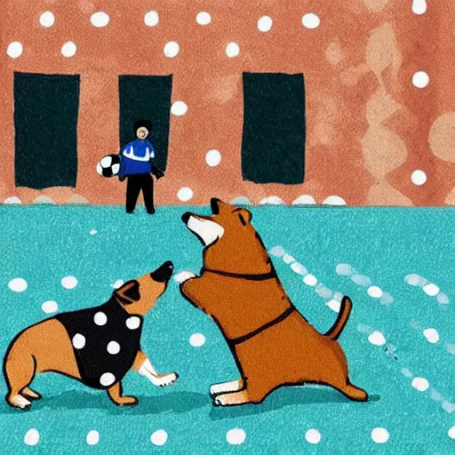 Image similar to illustration of french boy in paris playing football against a corgi, the corgi is wearing a polka dot scarf