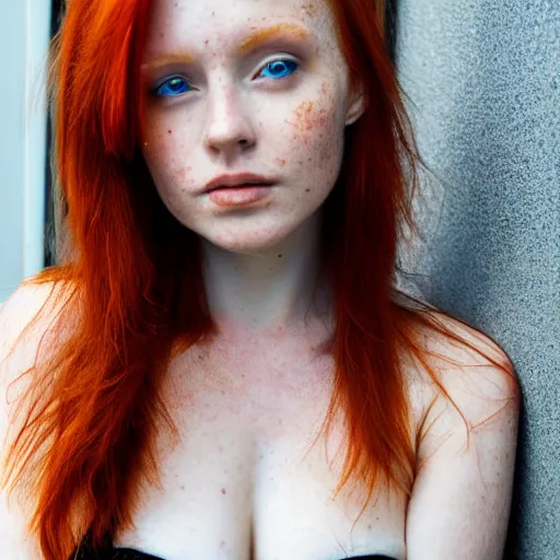 Prompt: close up portrait photo of a real beauty redhead freckles