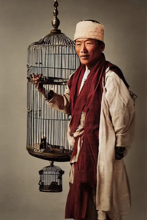 Image similar to photo portrait of a tibetan man with a birdcage through his body, by Annie Leibovitz, with a birdcage through his chest