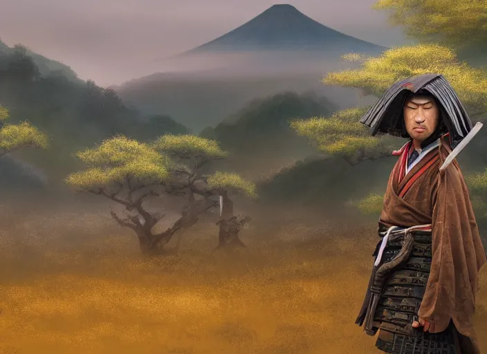 Prompt: a full head photoshot, detailed photograph of a dreaming samurai warrior in a distance japanese temple mountain landscape, photorealism ultradetailed digital art, irina french, heraldo ortega, mandy jurgens, golden ratio, art canvas, award winning, masterpiece trending on artstation 8 k 1 5 0 mpx, hasselblade wide shot