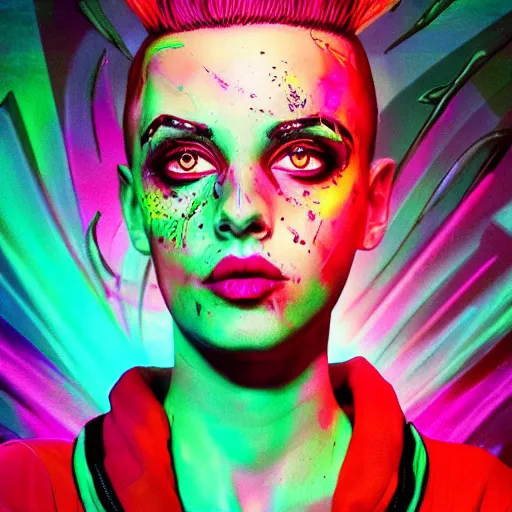 Image similar to splashes of neon magic, mowhawk, punk women portrait made out of paint, trending on artstation, epic composition, emotional, beautiful, rendered in octane, highly detailed, realistic, tim burton comic book art, sharp focus, unreal engine