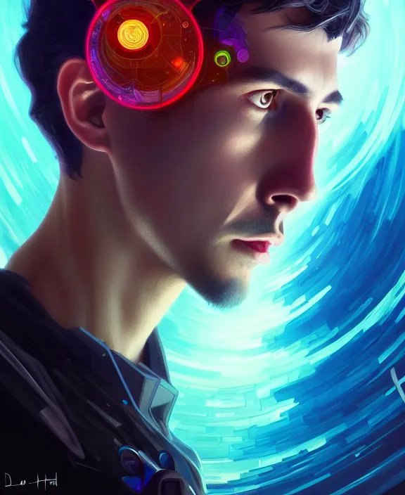 Image similar to a whirlwind inside the metaverse, guy, male, man, hologram, half body, neurochip, android, cyborg, cyberpunk face, by loish, d & d, fantasy, intricate, elegant, highly detailed, colorful, digital painting, artstation, concept art, art by artgerm and greg rutkowski and alphonse mucha