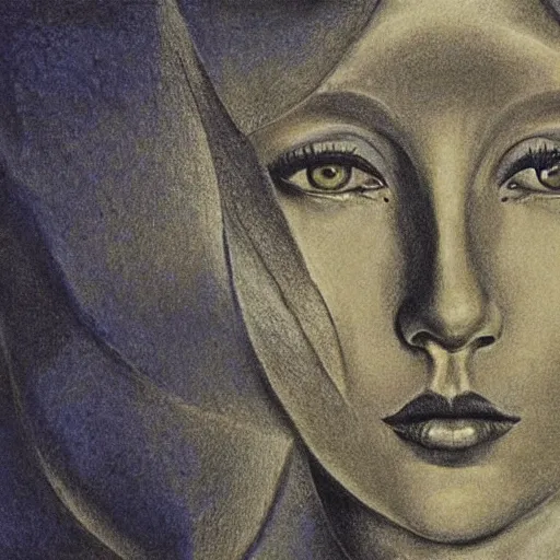 Prompt: Close-up of Goldfrapp, pencil drawing. El Greco, Remedios Varo, Salvador Dali, Carl Gustav Carus, John Atkinson Grimshaw. Blue tint. Symetrical, logo, geometric shapes.