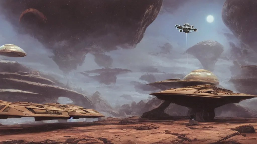 Image similar to organic dropship lander by john schoenherr and jim burns, epic cinematic matte painting