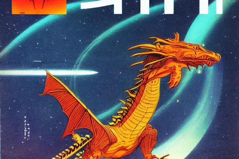 Image similar to 1979 OMNI Magazine Cover of a dragon wearing robes in neo-tokyo style by Vincent Di Fate