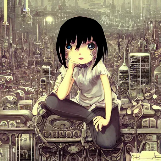 Image similar to young sad victorian gothic manga child with big eyes and wide grin sitting on a sofa of bones surrounded by a cyber futuristic cityscape made of human body parts, digital matte illustration by dan mumford, ultra detailed, 8 k resolution, beautiful lighting, expansive detailed layered city, landscape