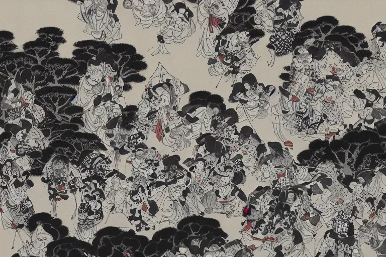 Image similar to black and white japanese painting of a circus, lots of clowns, flat, extremely detailed, water color and ink, painted by hokusai, 4 k,