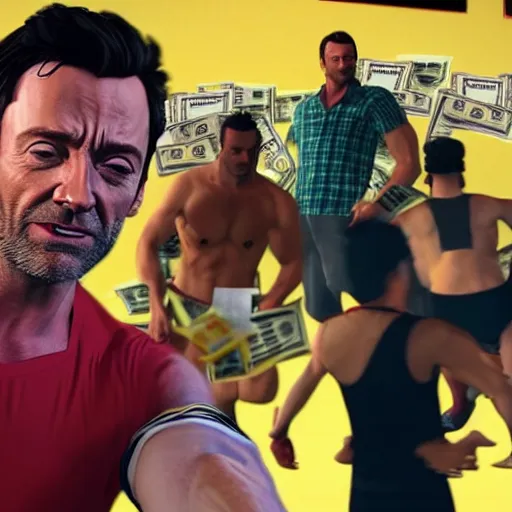 Prompt: action shot of hugh jackman in GTA V at the dance club taking selfies with friends and a pile of cash in the background, 8K, highly detailed, photo realistic