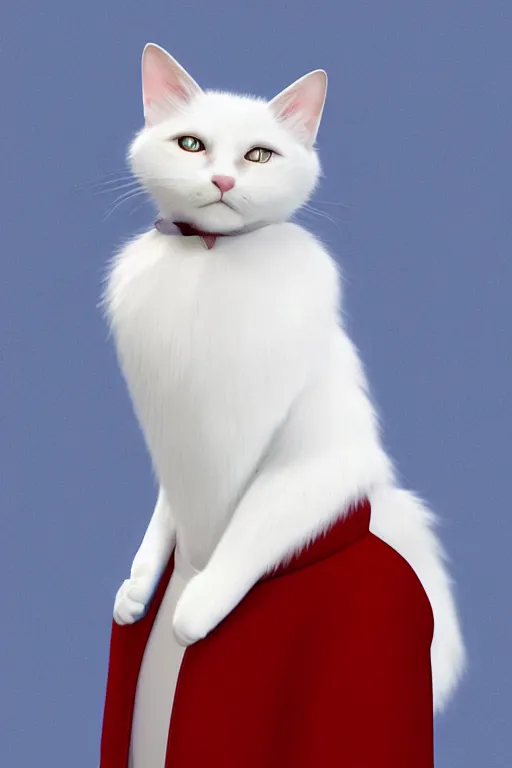 Image similar to a white cat with blue eyes wearing a red formal overcoat, hyperrealistic, concept art, octane render, unreal engine 5, realistic and defined face, profile picture, digital art, pixar and disney style, symmetrical, high quality, highly detailed, high coherence, path traced, house background, low contrast, beautiful, elegant clothes