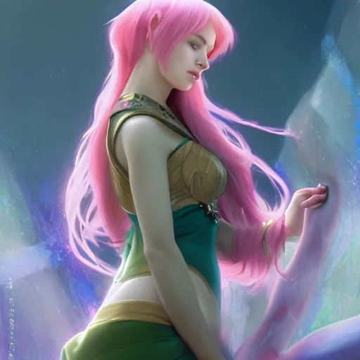 Image similar to VI from League of Legends of Arcane animated Series with short pink hair drawn by Donato Giancola and Makoto Shinkai, Edmund Leighton, Alphonse Mucha, background by James Jean and Gustav Klimt, 4k, porcelain skin, volumetric lighting, komorebi, french nouveau, trending on artstation, octane render, hyperrealistic