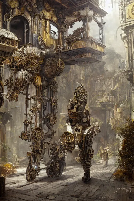 Image similar to a biomechanical palace guard made of machine parts and clocks is walking through a steampunk byzantine courtyard by anders zorn, wonderful, mandelbulb 3 d buildings, fractal designs, dynamic, masterpiece by greg rutkowski, hyperrealism, beautiful cinematic light, by greg manchess, jessica rossier