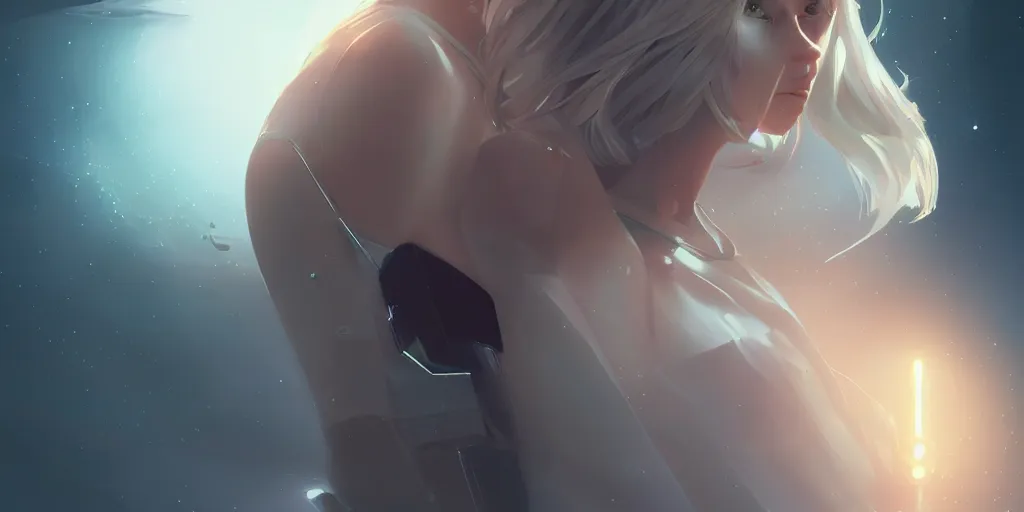 Prompt: Young woman, somber white eyes, long, gentle lighting, piloting a small space shuttle, futuristic, dim lighting, digital art by Makoto Shinkai ilya kuvshinov and Wojtek Fus, digital art, concept art,