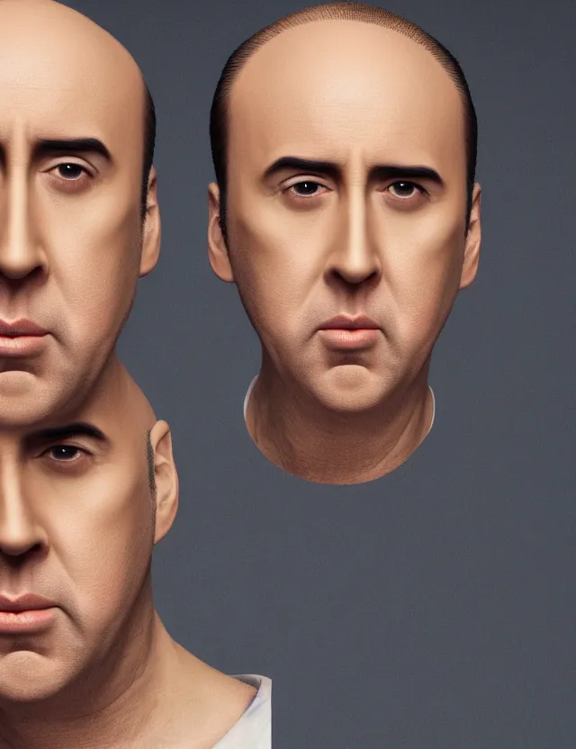 Image similar to portrait of bald nicolas cage neutral expression face straight on headshot even lighting no hair