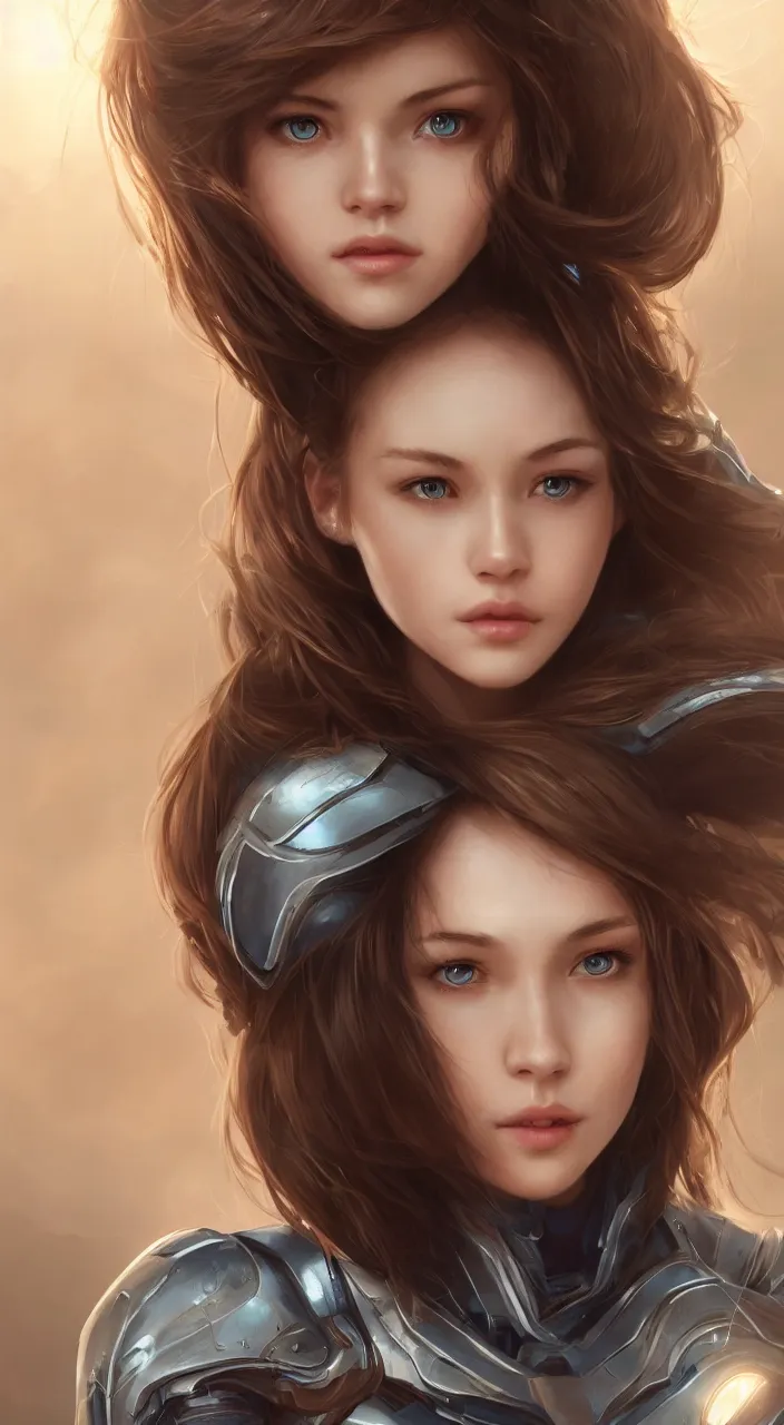 Image similar to detailed portrait of perfect brown haired girl, semi - android, tight armor, beautiful, pretty face, blue cyborg eyes, innocent, scifi, 4 k, sun yunjoo, ultra realistic, aura of light, cinematic lighting, highly detailed, sharp focus, artstation, masterpiece, art by hyungjin yang