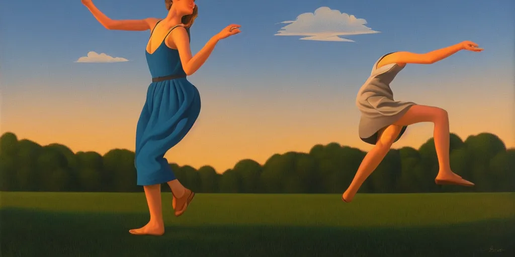 Image similar to sister dancing, blue sky, summer evening, kenton nelson