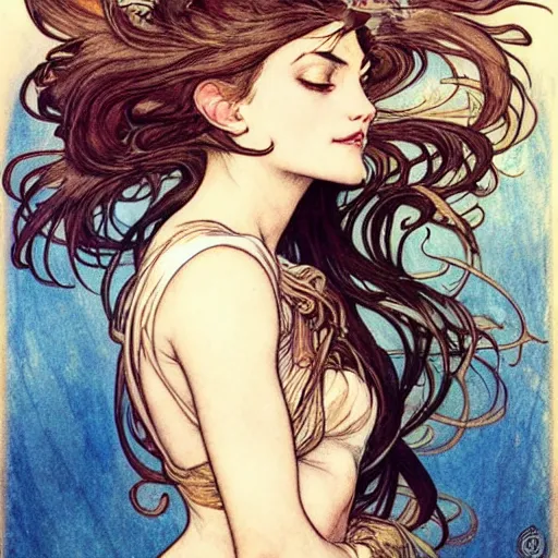 Image similar to in the style of artgerm, arthur rackham, alphonse mucha, phoebe tonkin, symmetrical eyes, symmetrical face, flowing blue skirt, hair blowing, intricate filagree, hidden hands, warm colors, cool offset colors