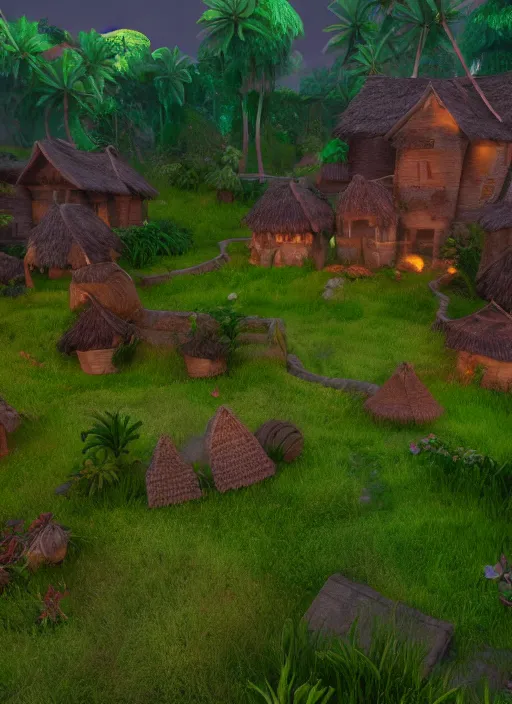 Image similar to subsurface scattering, medieval village in the middle of lush forest, in the style of moana, cinematic lighting, 8 k