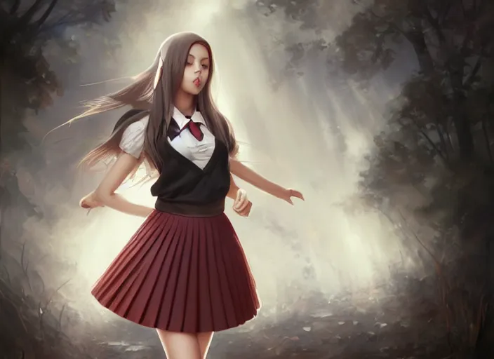 Image similar to a beautiful woman with school uniform, seifuku, pleated miniskirt, overknee socks, adriana lima, painted by artgerm and tom bagshaw, fantasy art, dramatic lighting, highly detailed oil painting, volumetric lighting