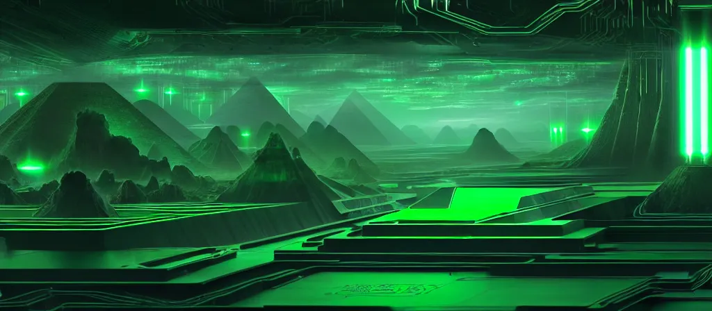 Image similar to the ethereal god of technology close shot the gift of green circuits to humanity. immaculate matte painting. fantastic. velvet and emerald. high key studio lighting. fractal dreams. ancient egypt, trending on artstation, cgsociety, ps 5, uhd 8 k cryengine