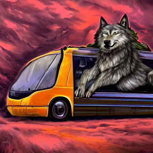 Prompt: Wolfbus - transformer hybrid of bus and wolf, having cabin in form of wolf head with big yellow eyes looking at us full of rage and long mechanical body - it is bus with wheels and windows, mechanical form of life, oil on canvas, fantasy, magic, dream, perfect composition, symmetric, digital painting, concept art, smooth, sharp focus, illustration, artstation trending, octane render, unreal engine, anime style, cyberpunk