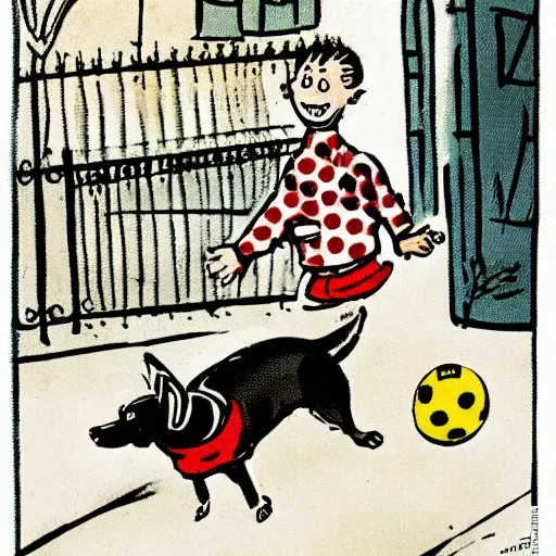 Image similar to illustration of french boy on the streets of paris playing football against a corgi, the dog is wearing a polka dot scarf, comic, 1 9 6 2