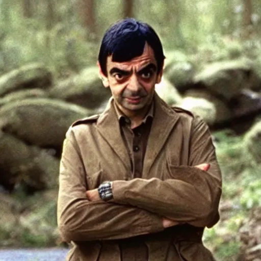 Image similar to A still of Mr Bean in Rambo First Blood