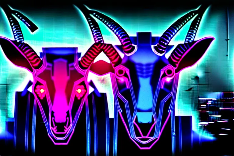 Image similar to complex cyberpunk machine background merged with evil cybernetic goat head in center focus, multicolored digital art