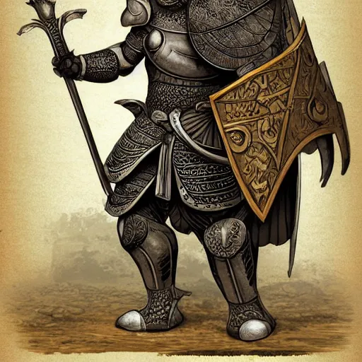 Prompt: elephantine armored knight, anthropomorphic humanoid, elephant head, dungeons and dragons manual illustration, al - qadim