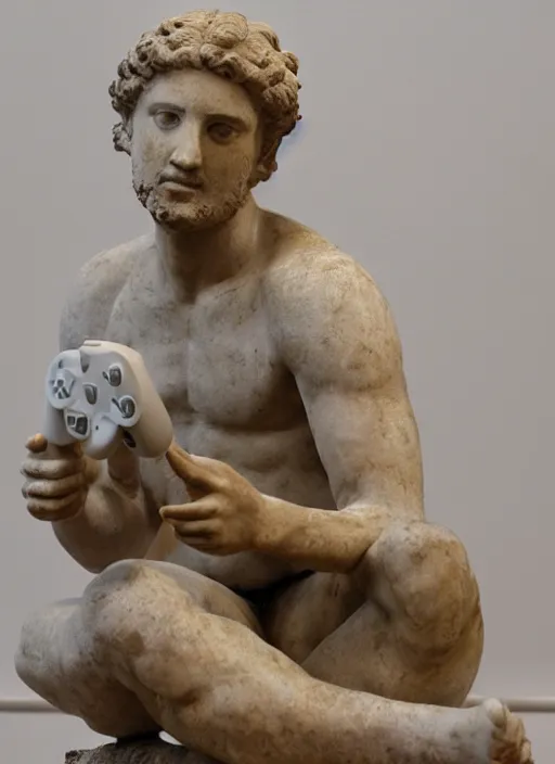 Prompt: Greek statue of a sitting man holding a Playstation controller, extremely detailed