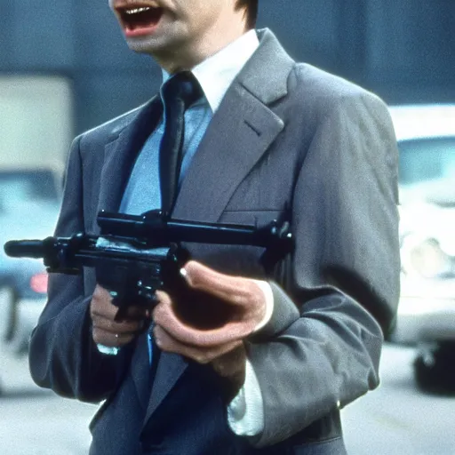 Prompt: film still of Mr. Bean playing Terminator, 4k