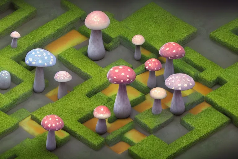 Image similar to Isometric mushroom forest, pastel colors, highly detailed, octane render, psychedelic, trending on artstation