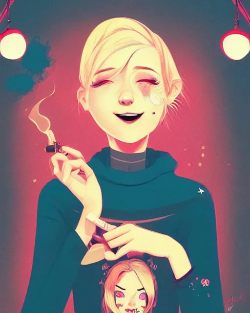 Image similar to digital illustration of pretty girl with short blonde hair hair, from alice in wonderland, smoking, happy eyes, smiling, in a wonderland forest, in junkyard at night, by ilya kuvshinov, lois van baarle, rossdraws, basquiat