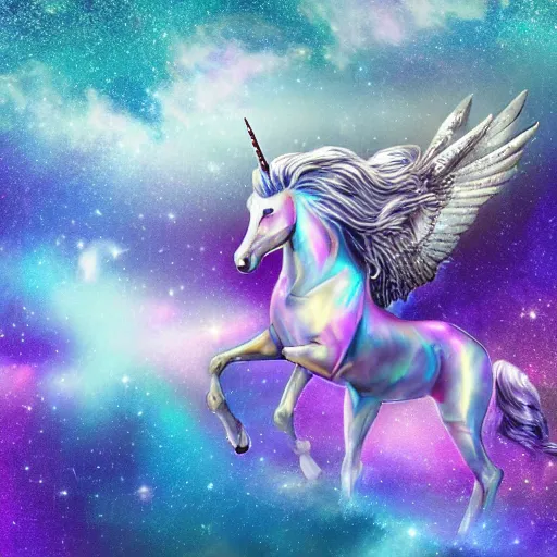 Image similar to 8 k capture scan of a iridescent unicorn with wings dancing in a garbage dump, the sky has the milky way, high textured, conceptual, intricate detailed photography, illustration sharp