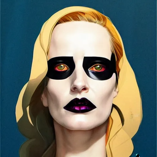 Image similar to Joshua Middleton artwork, stunning elegant female Eva Green, futuristic evil spy, domino mask, very evil sneer, symmetrical face, symmetrical eyes, leather clothing and boots, long straight golden hair, full body, Indigo occult pattern