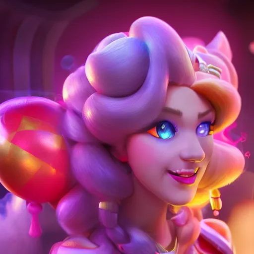 Image similar to Princess peach mixed with jinx from league of legends, background with neon lighting, raytrayced, octane render, smoke at the bottom, hyperrealist, by Joe Benitez, WLOP, Alessandro Barbucci, Barbara Canepa