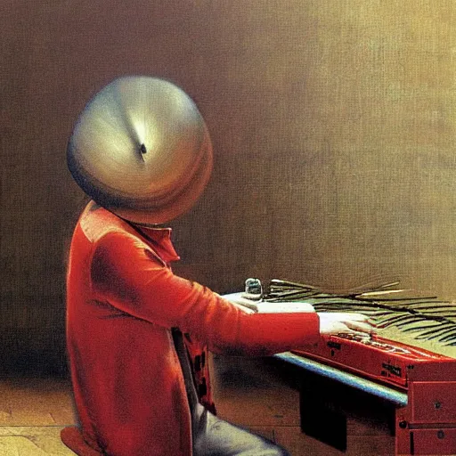 Image similar to Painting of Mozart mixing at the turntables in a style of Beksinski