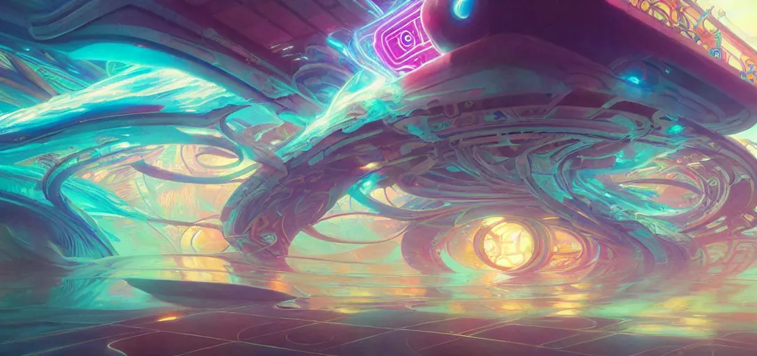 Image similar to a floating temple, channeling swirling energy, wearing netrunner clothing, vaporwave aesthetic, colorful, psychedelic, digital painting, artstation, concept art, smooth, sharp focus, illustration, art by artgerm and greg rutkowski and alphonse mucha