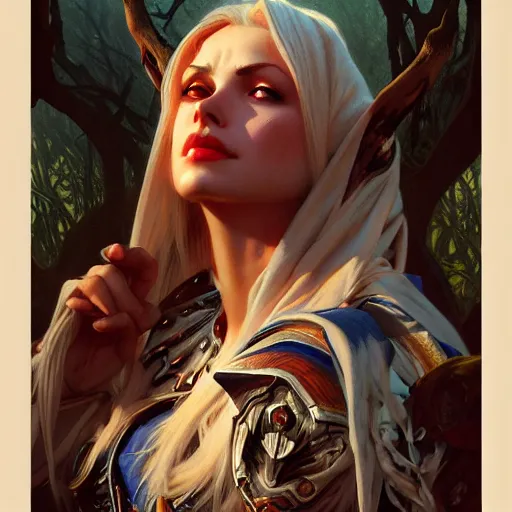 Image similar to head and shoulders Portrait of Sylvanas, dark fantasy, medium shot, intricate, elegant, highly detailed, digital painting, volumetric light, artstation, concept art, smooth, sharp focus, illustration, art by Gil Elvgren and Greg Rutkowski and Alphonse Mucha