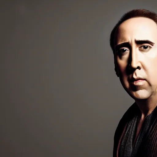 Image similar to portrait of bald nicolas cage neutral expression face straight on headshot even lighting no hair