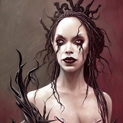 Image similar to Dark Fantasy Painting of a voodoo witch with a sinister evil look on her face, black widow spiders in her hair, creepy, unsettling, horror, upper body, wearing a dark dress, intricate, wild, highly detailed, digital painting, artstation, concept art, smooth, sharp focus, illustration, art by artgerm and greg rutkowski and alphonse mucha