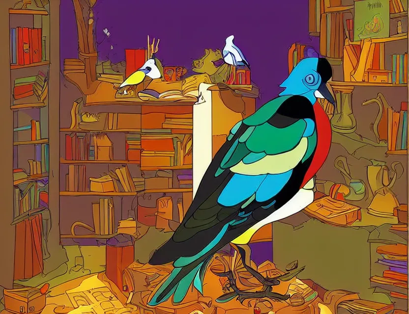 Prompt: magpie in an alchemist's study. this colorful vector art by the beloved children's book illustrator has a beautiful composition, dramatic lighting.