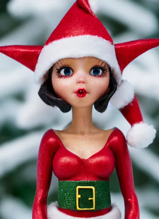 Image similar to closeup profile portrait of tin toy santa elf snow bikini girl, depth of field, zeiss lens, detailed, symmetrical, centered, fashion photoshoot, by nicoletta ceccoli, mark ryden, lostfish, breathtaking, 8 k resolution, extremely detailed, beautiful, establishing shot, artistic, hyperrealistic, octane render