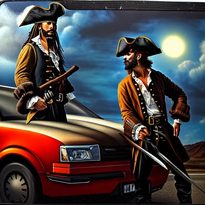 Image similar to a pirate downloading a car, oil on canvas, dramatic lighting, comedy, 8 k