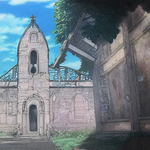 Prompt: ghost of a young girl, a burnt out church, photorealism, cel shaded, studio ghibli, hayao miyazaki